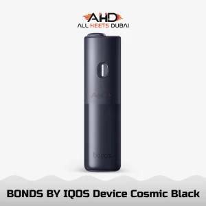 IQOS BONDS Cosmic Black device featuring a compact body, smooth exterior, and ROUNDHEAT tobacco heating technology in UAE