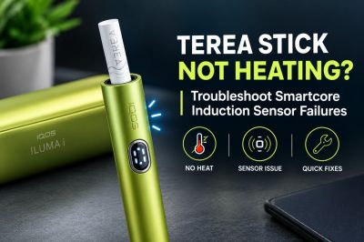 TEREA stick inserted halfway into an IQOS ILUMA i holder with blinking status lights, ready for troubleshooting in Dubai